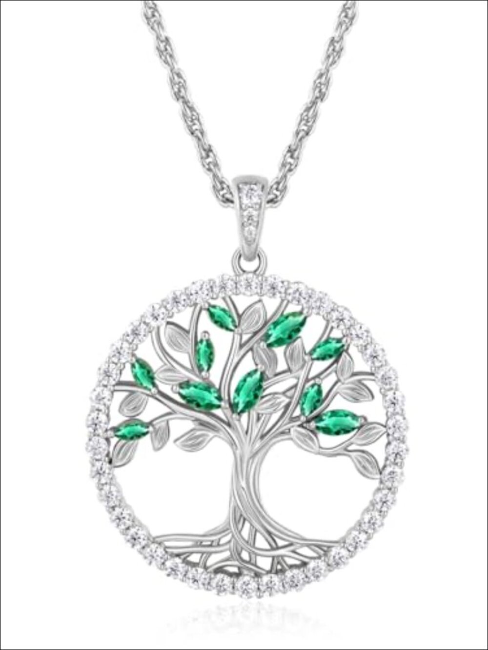 5A CZ Tree of Life Pendant Necklace, Rhodium Plated, 18-20 inch Adjustable Rope